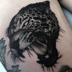 Blackwork leopard tattoo #leopard #hyenatattoo #DomWiley #blackwork #linework
