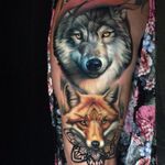Animal spirits by Sergey Shanko #SergeyShanko #realism #realistic #blackwork #tribal #pattern #fox #wolf #fur #color #nature #animals #forest #tattoooftheday