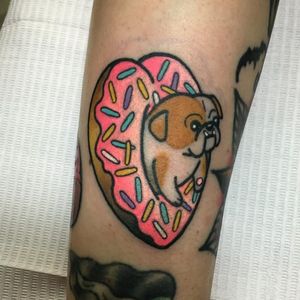 English bulldog donut tattoo by Christina Hock #ChristinaHock #donut #englishbulldog #bulldog #dog #pets