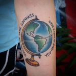 You are the compass, globe tattoo by Jon Hanna. #JonHanna #globe #globetattoo #traditional