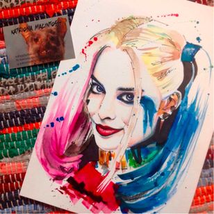 Suice Squad Harley Quinn arte de Katriona MacIntosh #KatrionaMacIntosh #HarleyQuinn #watercolor #watercolor #SuicideSquad