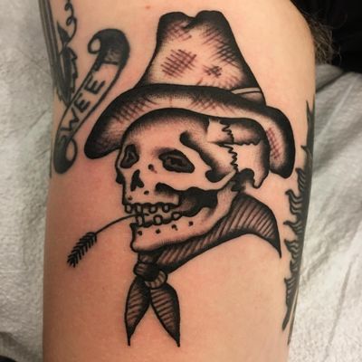 Cowboy skull tattoo by Ivan Antonyshev #IvanAntonyshev #skulltattoos #blackandgrey #linework #skull #cowboy #cowboyhat #hat #bandana #wheat #bones #death #skeleton #tattoooftheday