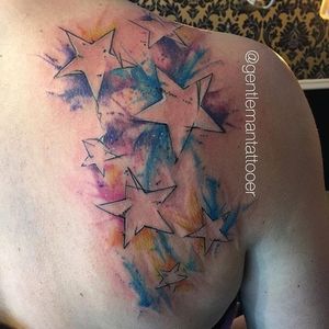 Star silhouettes with watercolor ink splatter. Tattoo by Ryan Tews. #stars #star #silhouette #inksplatter #splashes #watercolor #RyanTews