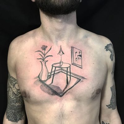 Chest tattoo by Servadio #Servadio #cooltattoos #linework #illustrative #blackandgrey #window #cityscape #table #lamp #bedroom #vase #plant #flower #rug #tattoooftheday