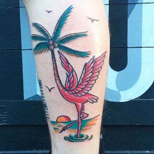 Flamingo palm tree tattoo by Knarly Gav #KnarlyGav #flamingo #beach #palmtree #sunset (Photo: Instagram)