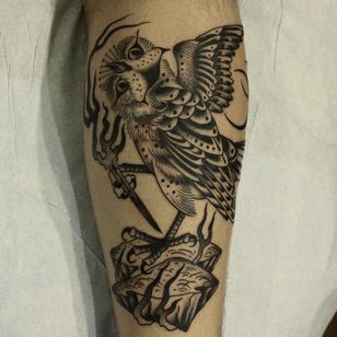 Tattoo by Franco Maldonado #FrancoMaldonado #black gray #illustrative #neutraditional #darkart #surrealistic # owl #fire #pen #rock #feather #wings #bird #dotwork #linework #moon
