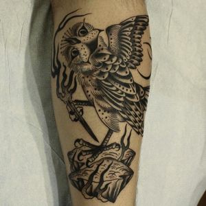 Tattoo by Franco Maldonado #FrancoMaldonado #blackandgrey #illustrative #newtraditional #darkart #surreal #owl #fire #pen #rock #feathers #wings #bird #dotwork #linework #moon