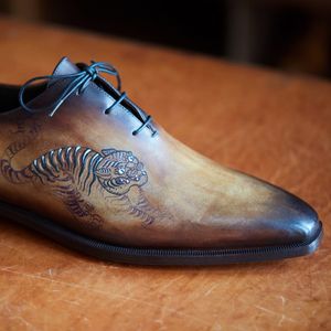 A Berluti shoe with a Scott Campbell design on it, via their recent collaboration. #Berluti #Shoes #Leather #ScottCampbell #TattooArtistCollaboration #Collaboration #Collab