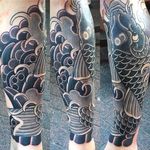 Beautiful black and gray koi tattoo done by Amar Goucem. #AmarGoucem #dragontattooNL #JapaneseStyle #horimono #koi #blackandgray