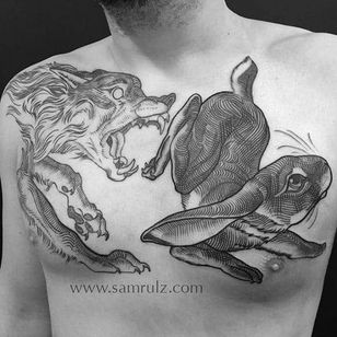 Tatuaje de pelo de Sam Rulz #IllustrativeTattoos #Illustrative #Etching #Illustration #Blackwork #SamRulz #hare #wolf