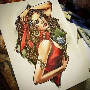 Curly haired woman illustration by Sophie Lewis. #neotraditional #illustration #SophieLewis #woman #flowers