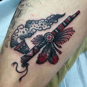 Peace Pipe Tattoo by PJ Anderson #peacepipe #pipe #smoke #feathers #NativeAmericaTattoo #traditional #PJAnderson