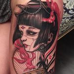 Ghost in the Shell geisha tattoo by Alan Ferioli #AlanFerioli #ladytattoos #color #portrait #newtraditional #neotraditional #japanese #mashup #lady #geisha #fish #goldfish #robot #biomechanical #fan