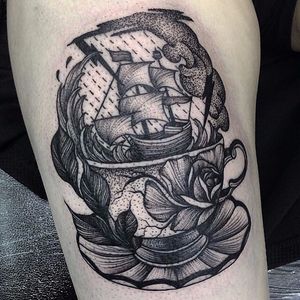 Storm in a teacup tattoo by Kelly Violence. #storminateacup #ship #storm #teacup #tea #cup #wave #blackwork #KellyViolence
