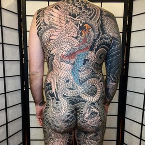 One of John Reardon's amazing large scale Japanese pieces in progress (IG—johnreardontattoos). #eagle #GreenpointTattooCo #Japanese #JohnReardon #NYCtattooshops #snake