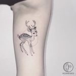 Fine line bambi tattoo by Karry Ka-Ying Poon. #KarryKaYingPoon #Poonkaros #fineline #blackandgrey #pointillism #fawn #deer #linework #dotwork #bambi