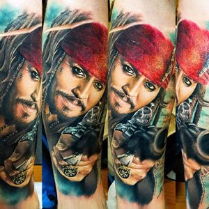 Captain Jack Sparrow Tattoo by Zsofia Belteczky #JackSparrow #PiratesoftheCaribbean #PiratesoftheCarribeanTattoo #PirateTattoos #DisneyTattoos #MovieTattoos #ZsofiaBelteczky