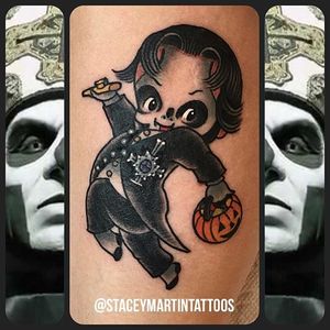 Papa Emeritus  Kewpie tattoo by Stacey Martin. #Stacey Martin #ghost #kewpie #cute #doll #baby #adorable