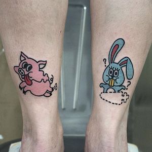 Cartoon pig and rabbit tattoo by Hong Ji Sun. #Hongjisun #cartoon #bold #comical #funny #cute #pig #rabbit