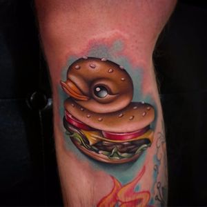 Cheeseburger rubber ducky tattoo by Steven Compton. #newschool #rubberduck #StevenCompton #rubberducky #burger #cheeseburger