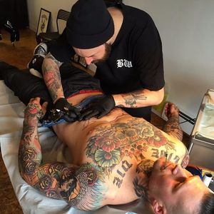 Marshall getting his killer panther tattoo on his stomach with Heath Smith from Righthand Tattoo #MarshallPerrin #tattoomodel #tattooedguys #firefighter #traditionaltattoo  #tattoododudes #HeathSmith #RightHandTattoo