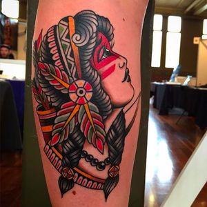 Another awesome girl head tattoo by Ben Hastings. #benhastings #traditionaltattoo #girlhead
