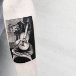 The Old Guitarist painting by Picasso. Tattoo by Matteo Nangeroni #MatteoNangeroni #finearttattoos #illustrative #painting #Picasso #TheOldGuitarist #guitar #man #musictattoo