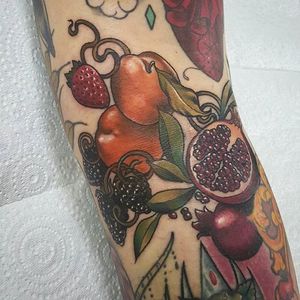 Neo traditional fruit piece by Sophie Lewis. #neotraditional #SophieLewis #fruit #pomegranate #strawberry #berries
