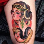 Snake woman tattoo by Jason Vaughn #JasonVaughn #neotraditional #traditional #snake