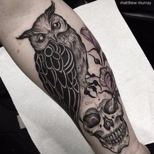 Owl and skull tattoo by Matthew Murray #MatthewMurray #blackwork #blackandgrey #monochrome #gothic #owl #skull