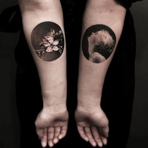 Flower and woman portrait tattoo by JeongHwi. #JeongHwi #blackandgrey #woman #portrait #flower #landscape #circle #nature #contemporary #beautiful #modern