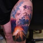 Volcano tattoo by Phil Garcia #PhilGarcia #besttattoos #color #realism #realistic #hyperrealism #clouds #smoke #volcano #nature #lava #sparks #light #landscape #tattoooftheday