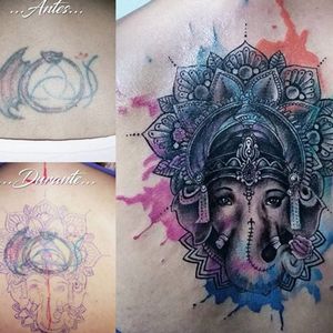 Leonel Figueredo illustrates how Ganesha is truly the remover of bad body art among other obstacles (IG—lefidtattoo). #coverup #Ganesha #LeonelFigueredo #traditional #watercolor