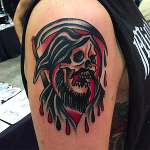 Bloody Grim Reaper Tattoo by Mike Fite @MikeFite @goldclubelectrictattoo #MikeFiteTattoo #Goldclubelectrictattoo #Neotraditional #Traditional #bright_and_bold #GrimReaper