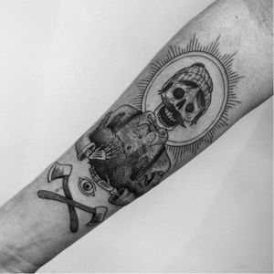 Creepy lumberjack tattoo by Toma Pegaz #TomaPegaz #blackwork #lumberjack #skeleton #skull #axe