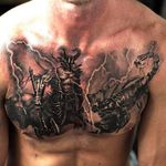 Rad chest tattoo done by Shine. #ShinhyeKim #Shine #blackandgrey #fineline #warrior #scorpion