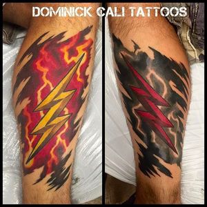 Electrifying Lightning bolt calf tattoos by Dominick Cali #DominickCaliTattoos #Lightning #LightningBolt