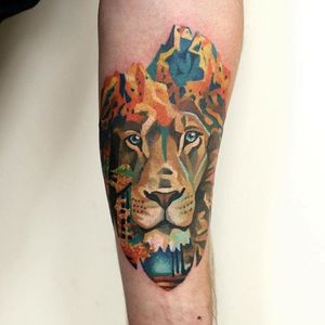 Lion Tattoo by Martynas Šnioka #lion #liontattoo #watercolor #watercolortattoo #abstract #abstracttattoo #graphic #graphictattoo #lithuanian #MartynasSnioka