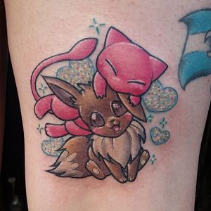 Mew and Eevee tattoos by Mewo Llama. #MewoLlama #pokemon #videogames #anime #kawaii #cute #eevee #mew