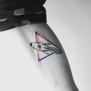 Rocket ship tattoo by Vitaly Kazantsev. #VitalyKazantsev #fineline #triangle #rocketship #galaxy