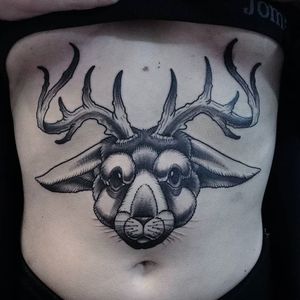 Jackalope tattoo by Daniel JJ Vasquez. #jackalope #fable #imaginary #animal #antler #rabbit #underboob #DanielJJVasquez
