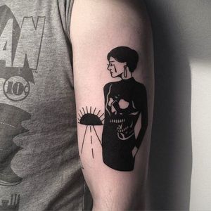 Crying Woman Tattoo by Johnny Gloom @JohnnyGloom #JohnnyGloom #Black #Blackwork #BlackTattoo #Paris #crying #woman #girl #skull