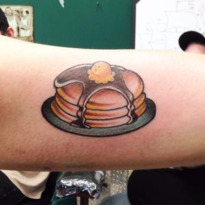 Pancakes smothered in chocolate syrup. Tattoo by Dustin Jude. #traditional #pancakes #breakfast #DustinJude