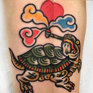 Smoking Tortoise Tattoo by Jackpot Tattooer @Needles_Tattooing #JackpotTattooer #Needlestattooing #TheNeedles #Oddtattoos #Neotraditional #Oldschool #Traditional #Seoul #Korea #Tortoise #turtle