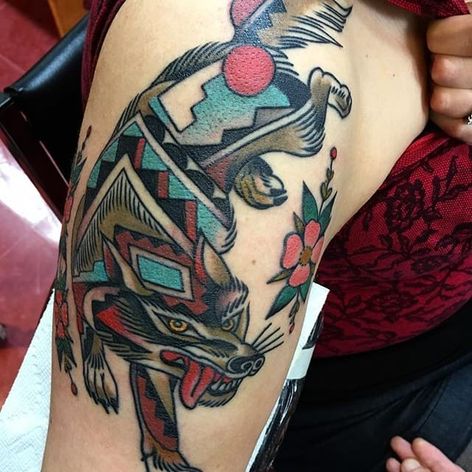 Wolf Tattoo by Cheyenne Sawyer #wolf #nativeamerican #nativeamaericanart #nativeamericandesign #traditional #CheyenneSawyer