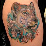 Watercolor lioness tattoo by Kel Tait #lioness #lion #KelTait #watercolor