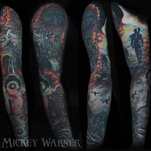 A badass Fallout 3 sleeve by Mickey Warner. (Via IG—cypress.tattoo) #Fallout #LibertyPrime  #MickeyWarner #powerarmor #sleeve #vaultdweller