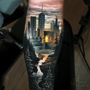 Landscape tattoo by Arlo DiCristina #ArloDiChristina #architecturetattoos #color #realism #realistic #hyperrealism #landscape #buildings #bridge #trees #forest #water #lake #sunset #sky #clouds #tattoooftheday