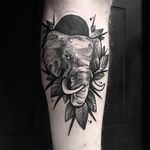 Elephant tattoo by Felipe Fego #FelipeFego #animaltattoos #blackandgrey #illustrative #elephant #animal #nature #leaves #tusks