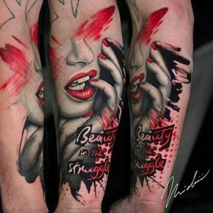 Beauty in the struggle red lips tattoo by Michael Cloutier @cloutiermichael #Michaelcloutier #blackandgray #blackandgrey #blackandred #black #red #trashpolka #realism #woman #lady #red #liptattoo